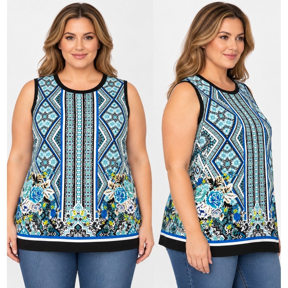 Alyx Woman Blue Floral Geometric Sleeveless Knit Top Size 2X NWT 3432L3C